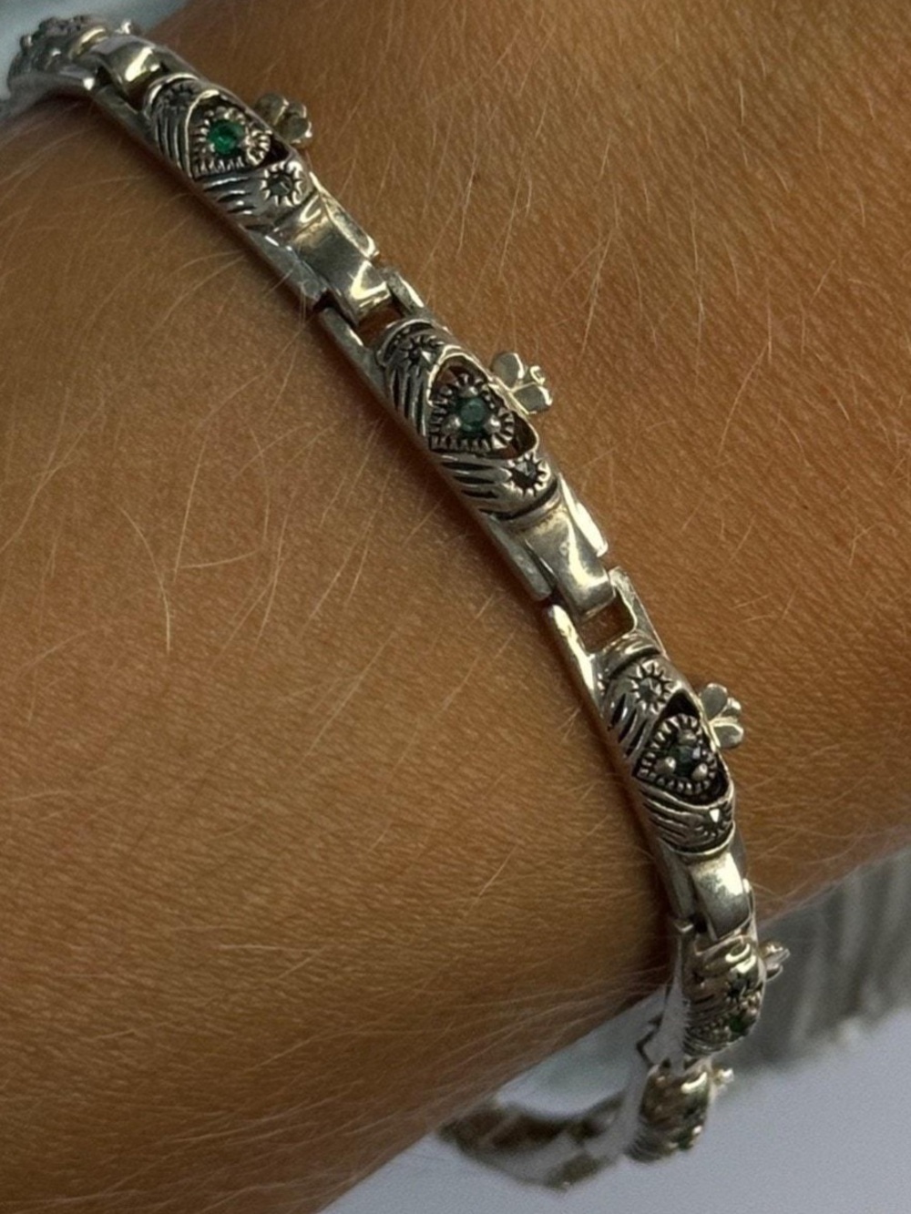 Vintage IRELAND 925 Silver Claddagh Tennis Bracelet w Marcasites & Green Stones